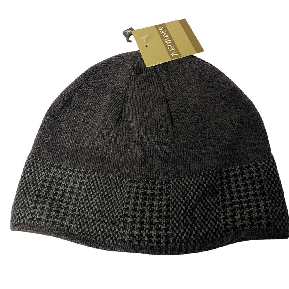 Isotoner Mens Houndstooth Knit Beanie Hat‎ 1sz NWT